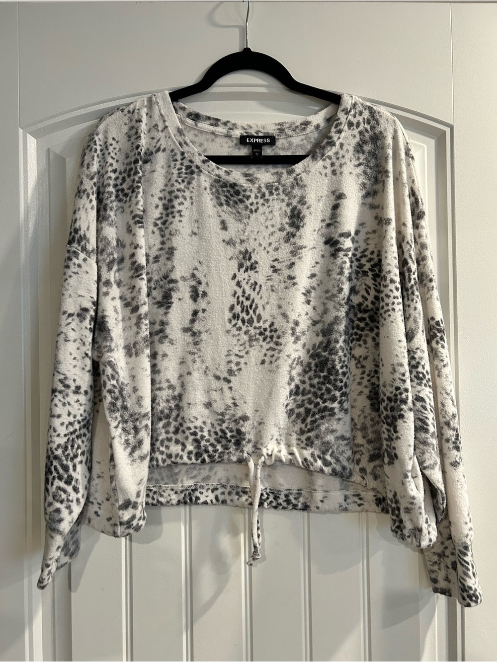 Express White & Gray Plush Animal-Print Drawstring Sweatshirt